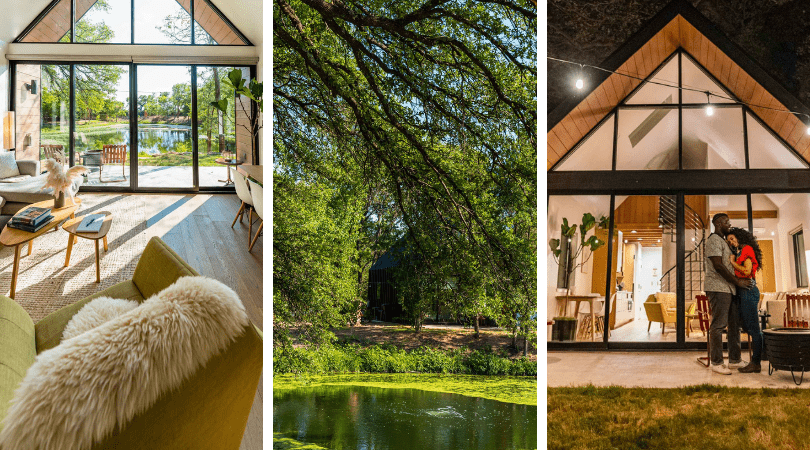 floor-to-ceiling windows in the living room that overlook the lake, lake view, Night Time View of The Live Oak Lake Cabin with Couple Posing