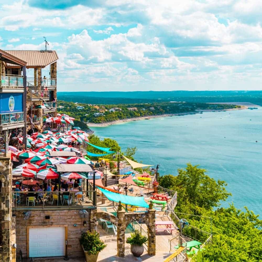 The exterior of the Oasis Restaurant next to Lake Travis
