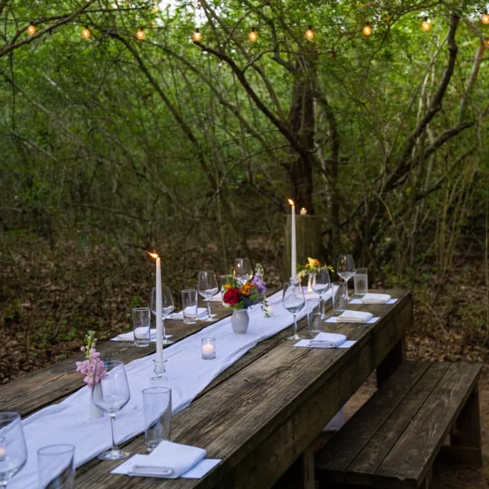 Decorated wood table in a grove of trees with string lights overhead