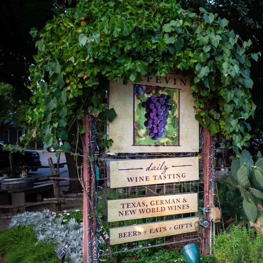 Sign covered in vines in the front of a vineyard