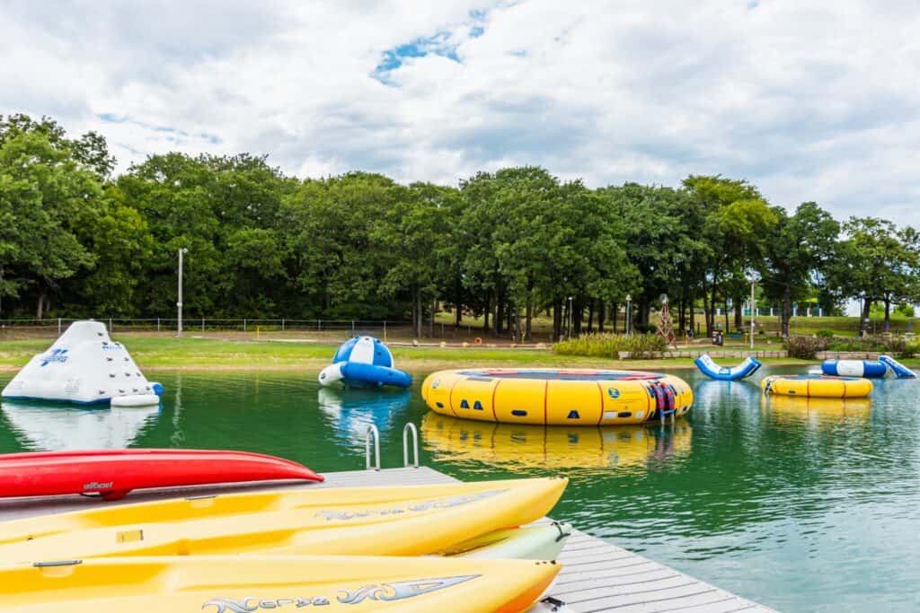 Kayaks and inflatable obstacle course