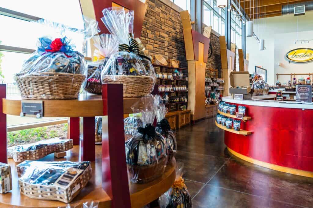 Shelves of gourmet chocolates at Bedre Fine Chocolates