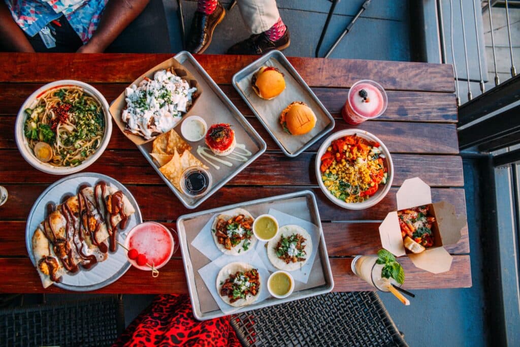 Spread of food on a wood table