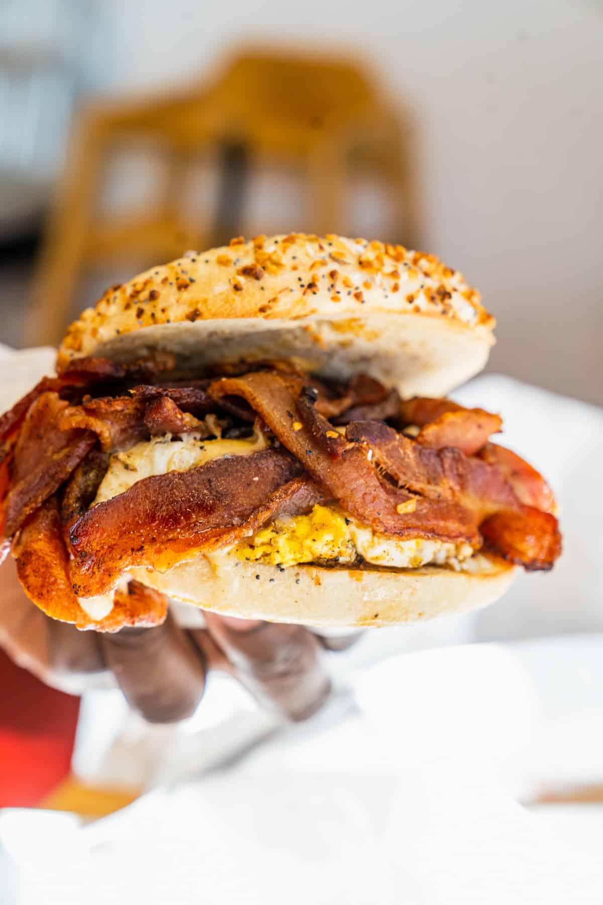 Hearty breakfast sandwich with egg and bacon