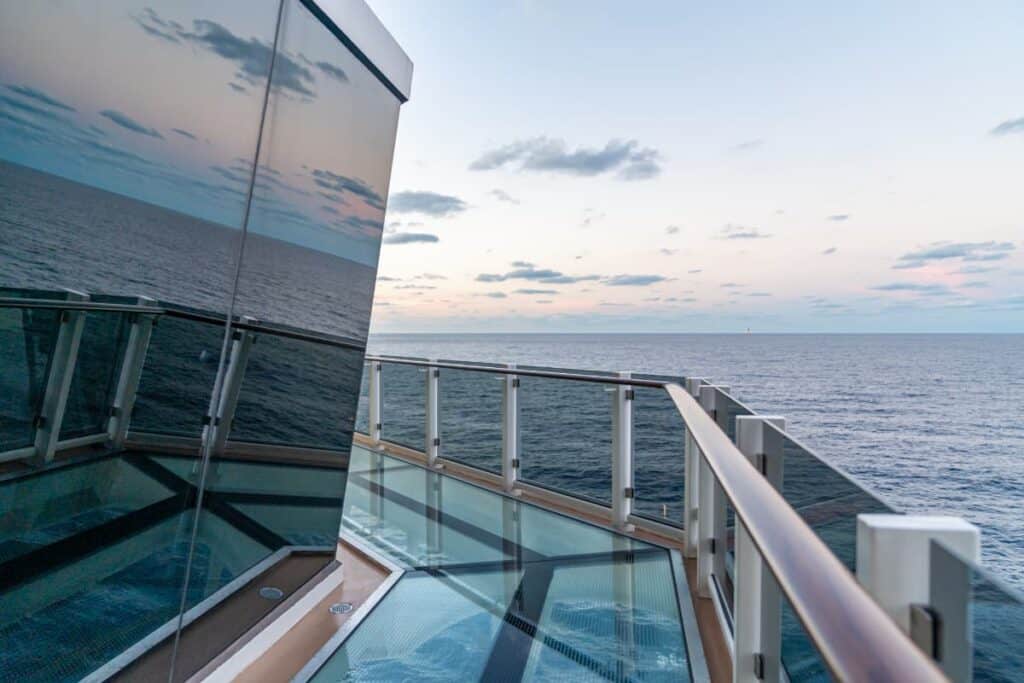 One of the outdoor decks with the ocean in the background