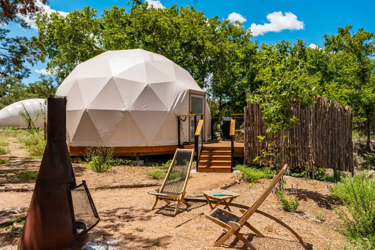 Private fire pit area in front of geodesic dome