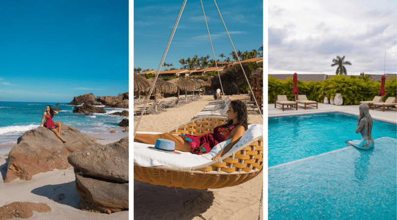 Lady posing by the shore rocks, Lady by the rattan swing, mermaid statue view at the infinity pool