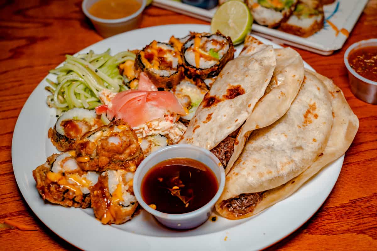 Plate of sushi and tacos