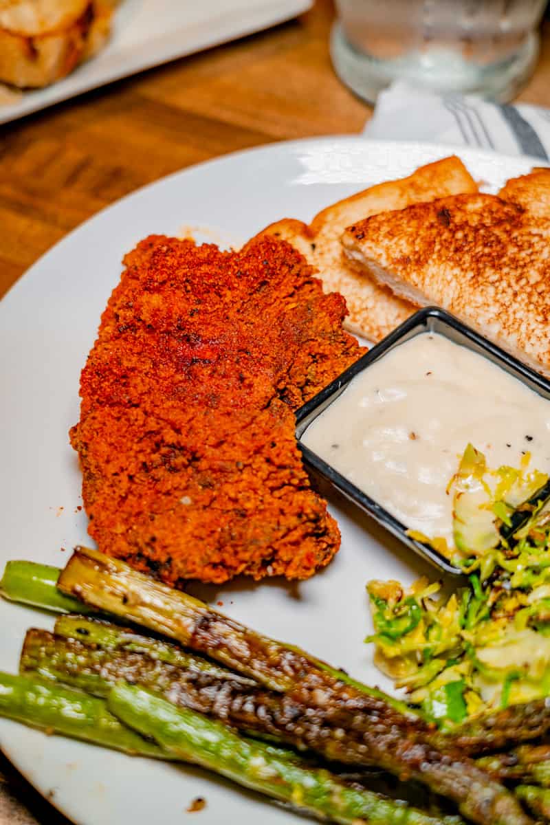 Nashville Hot Fried Chicken with Asparagus and Mashed Potatoes