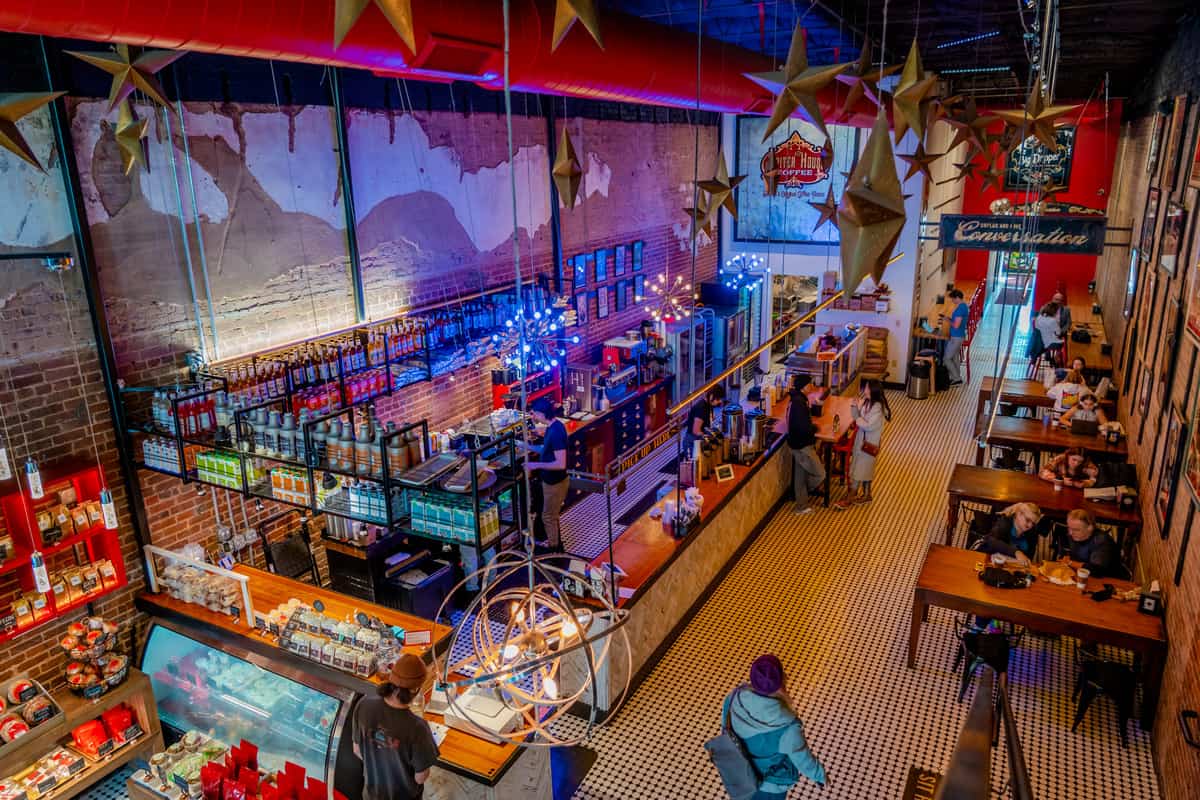 Interior of the coffee shop from the second floor seating area