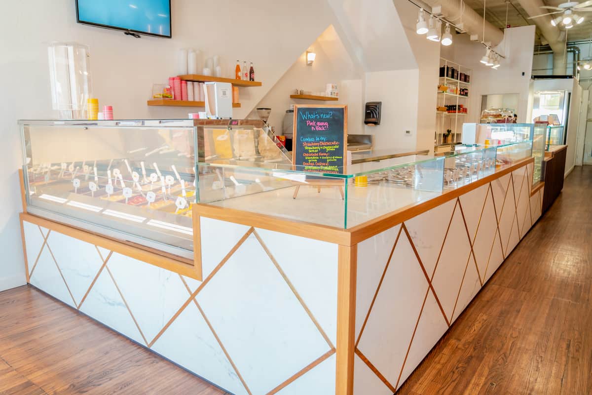 Interior of the shop with huge gelato display