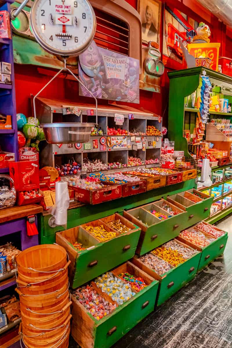 Display of candy with a scale next to it