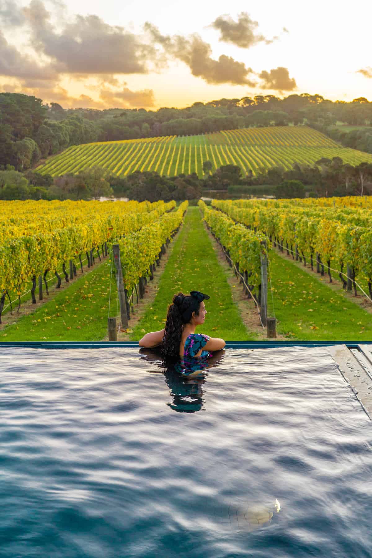 Woman in an infinity pool overlooking a vineyard