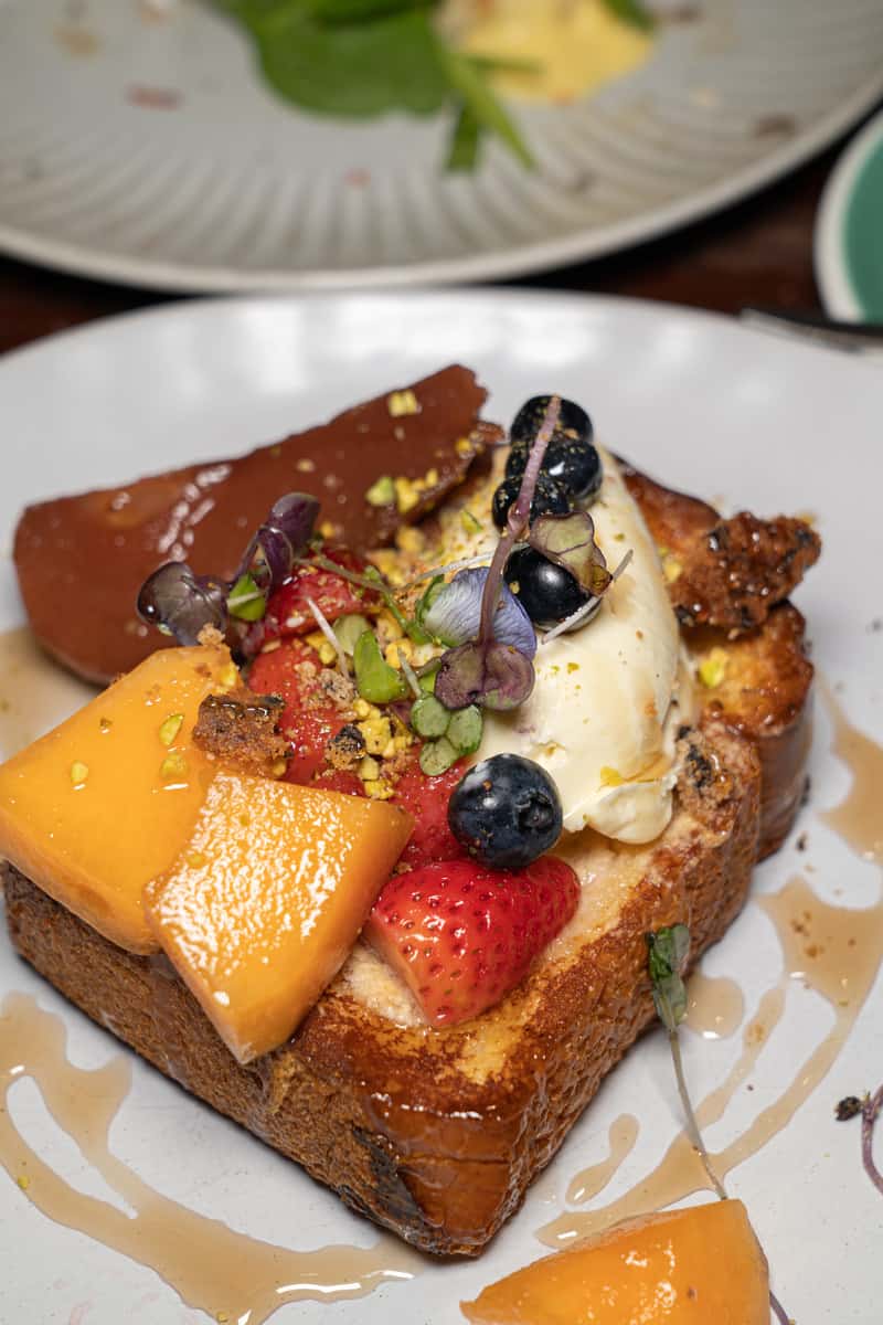 Almond French Toast with Red Wine Poached Pear