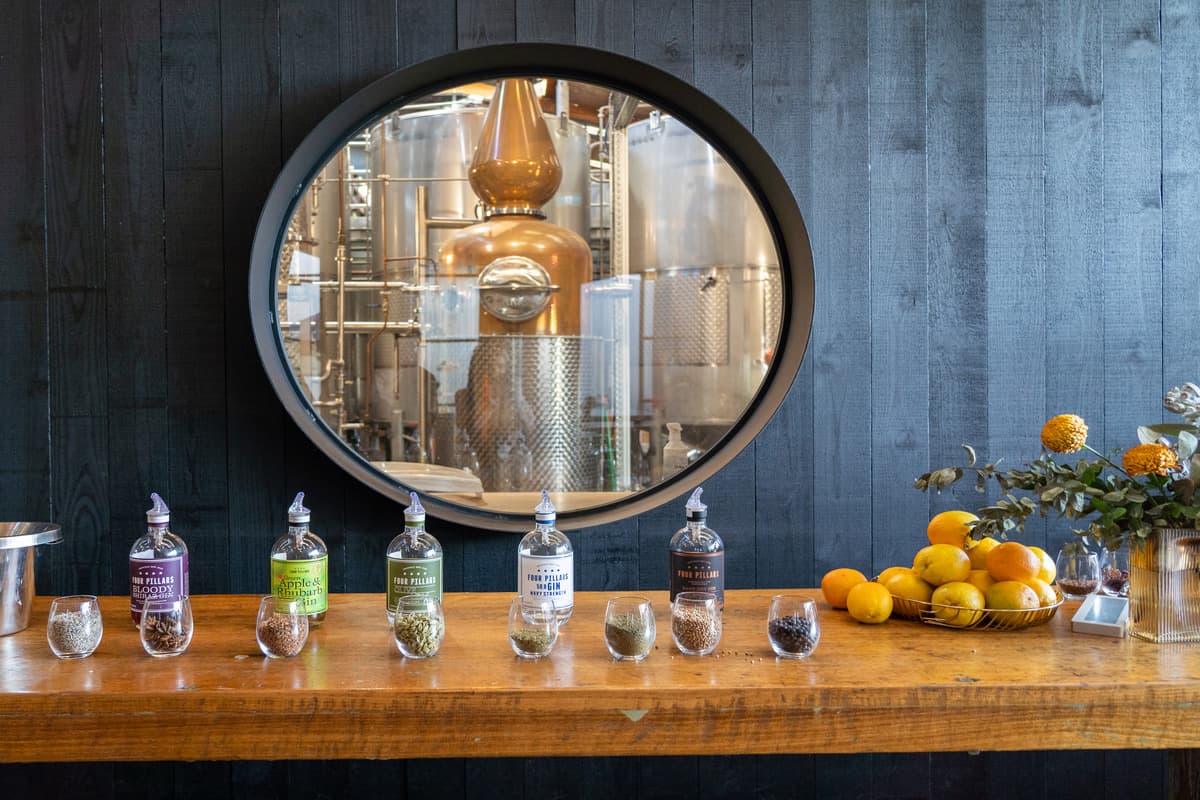 Tasting set-up with a round window looking into the distilling room