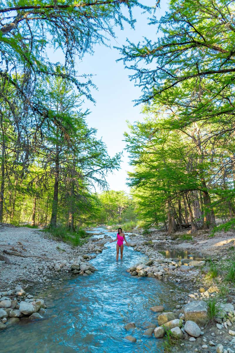 A woman standing at the center of a river surrounded with trees.