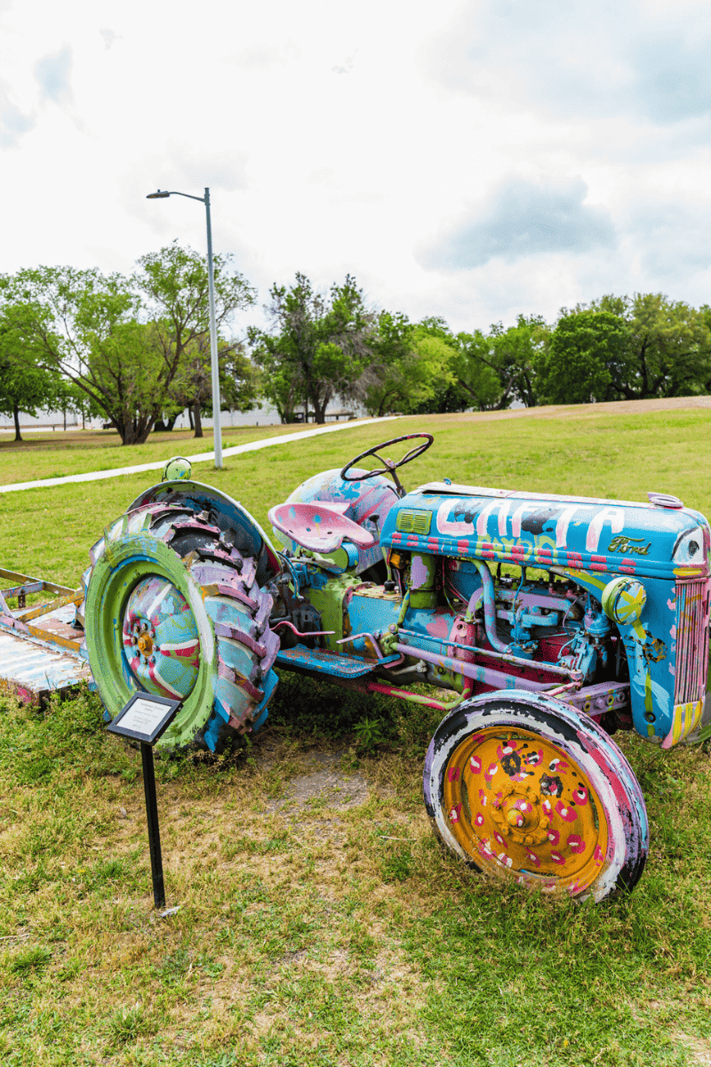 Tractor painted in blue and pink