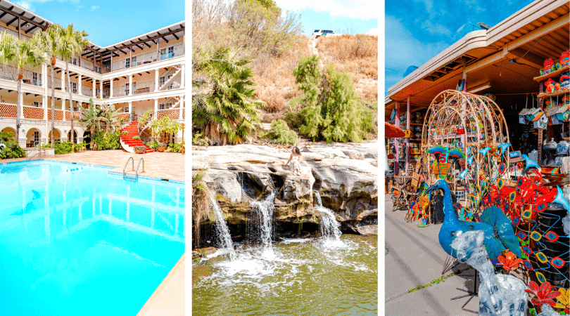 a collage of a swimming pool, falls and a peacock