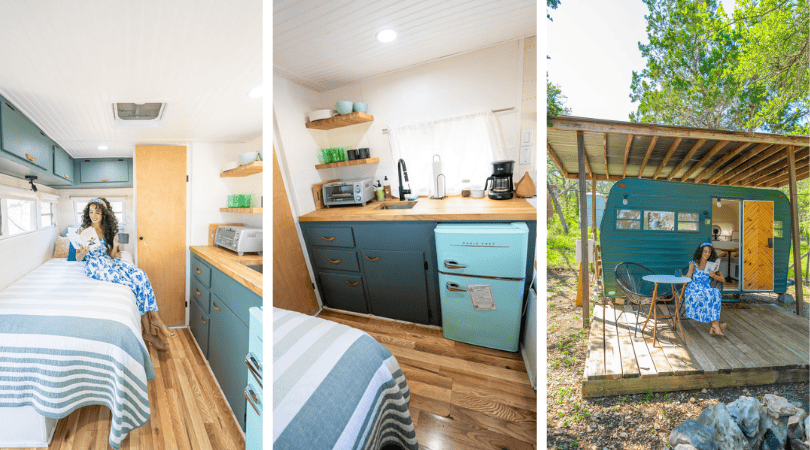 Three-part image of a renovated caravan with a cozy interior, featuring a person relaxing, a retro-style kitchen, and an outdoor seating area.