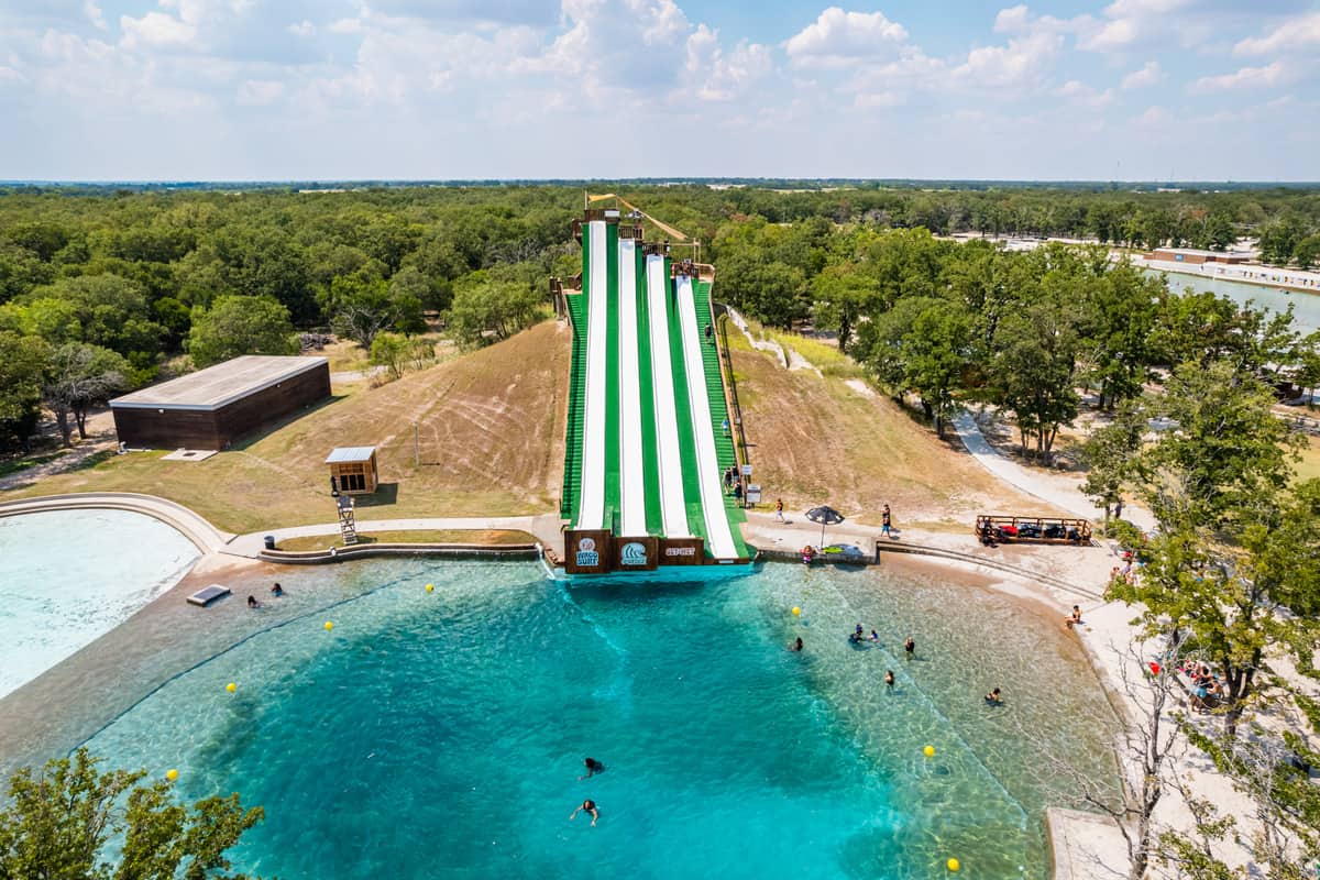 Bird's eye of the waterslide area at Waco Surf Park