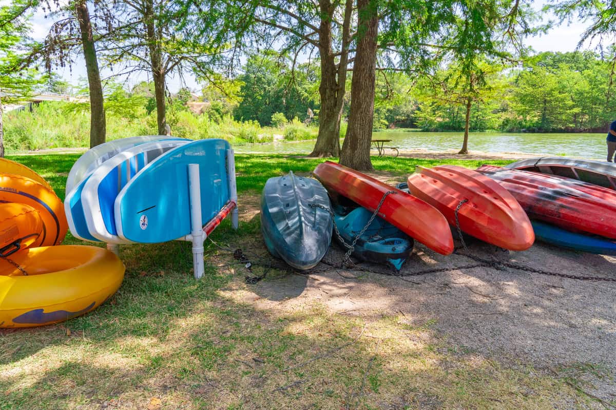 Display of kayak and stand up paddle boards for rent.