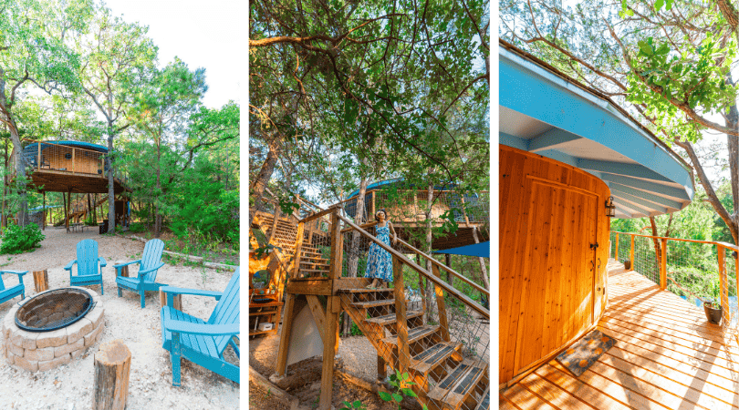 A collage of a treehouse with an outdoor seating area, staircase, and wooden deck.