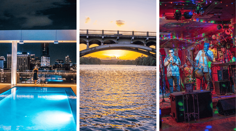 Three-panel collage: city rooftop pool at night, sunset under a bridge over water, and a band performing on stage.