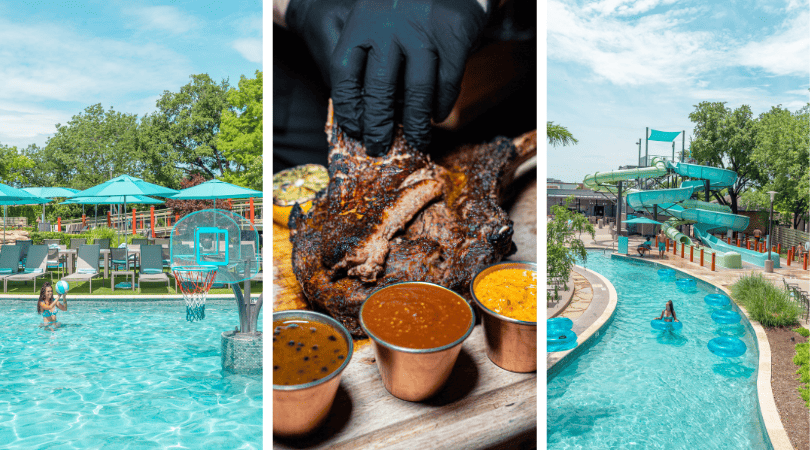  collage of delicious food and refreshing drinks by a sparkling poolside