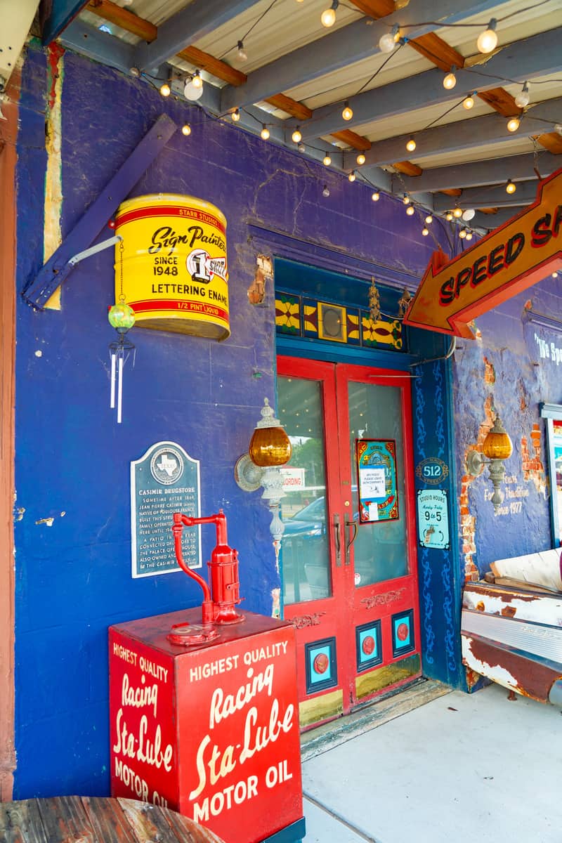 Entrance of a vintage drugstore.