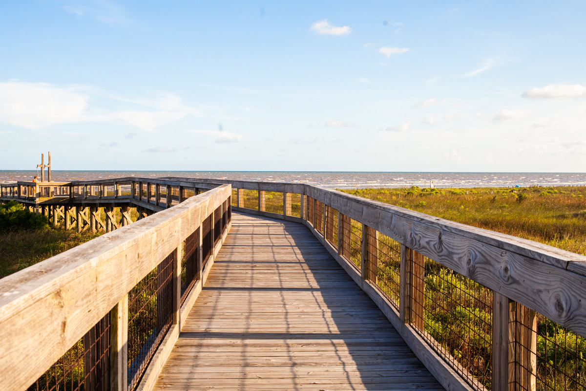 a wooden walkway with a fence and grass and a body of water