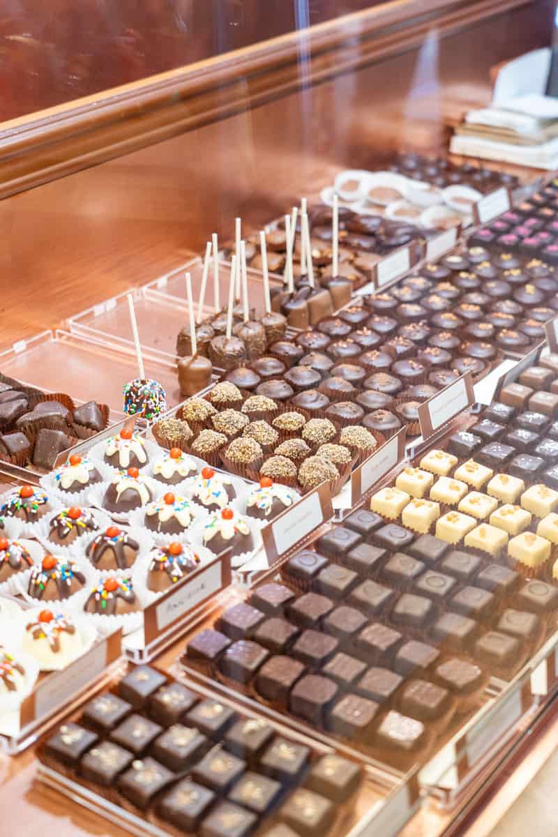 Displays of varaties of chocolates.