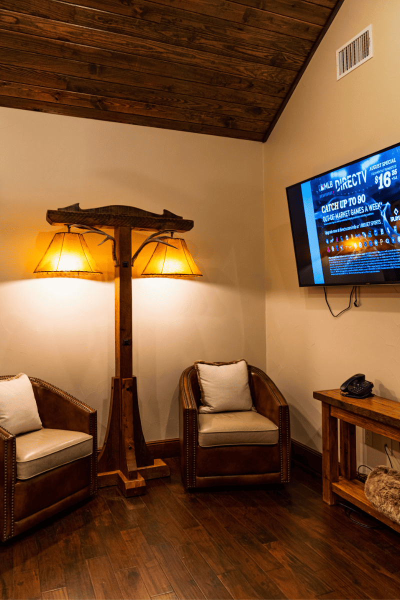 A room with two wooden chairs and table and a unique lampshade and a wall mounted television.