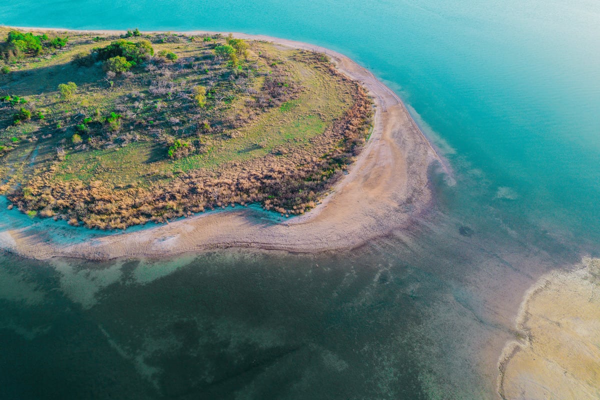 Bird's eye view of the island in the middle of Stillhouse Hollow Lake