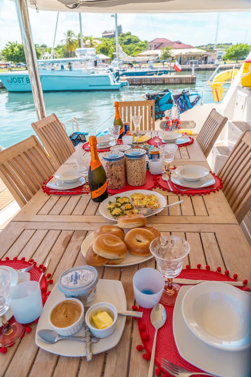 a table with food and drinks on it