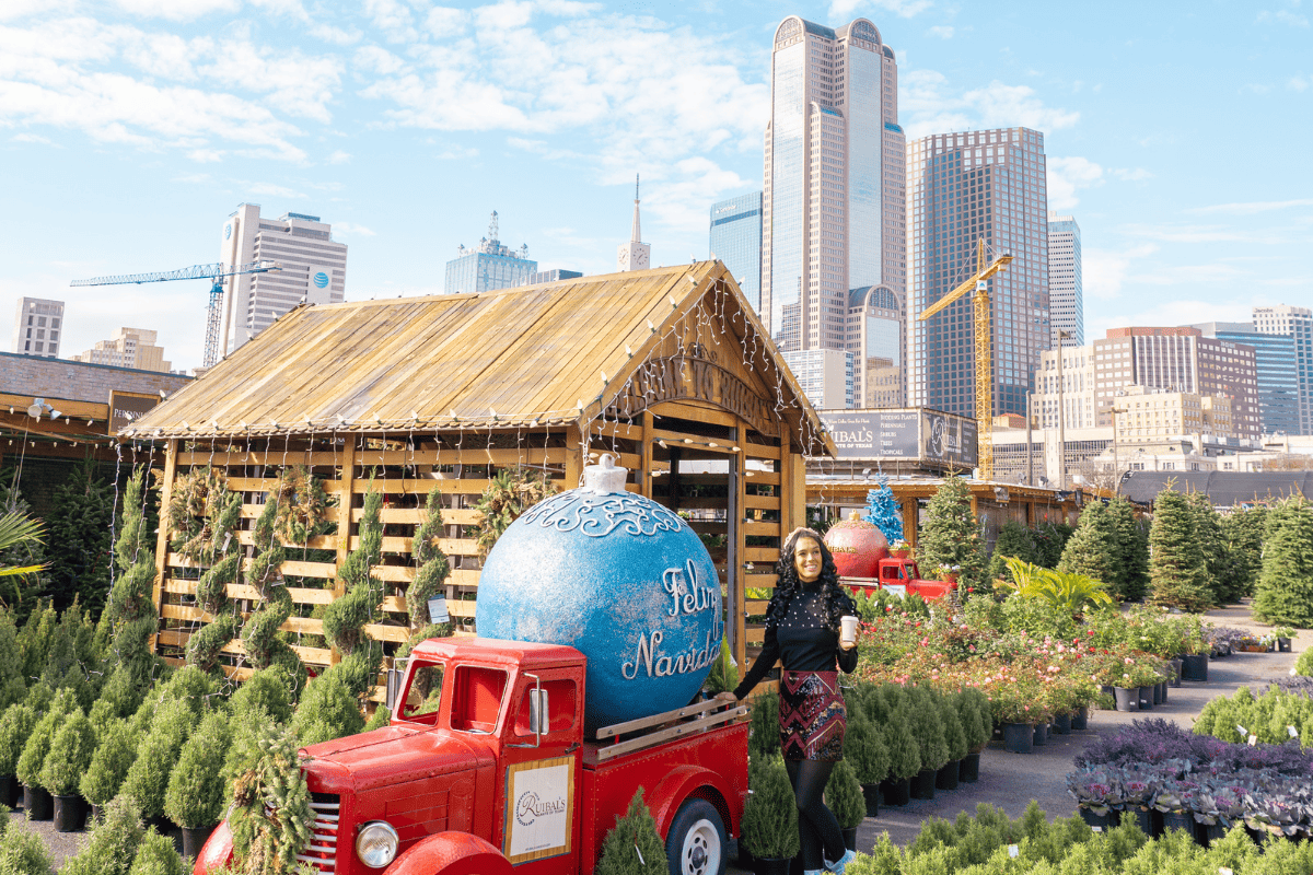 A woman beside a mini truck carrying a giant christmas blue ball on a field of a holiday market surrounded with plants