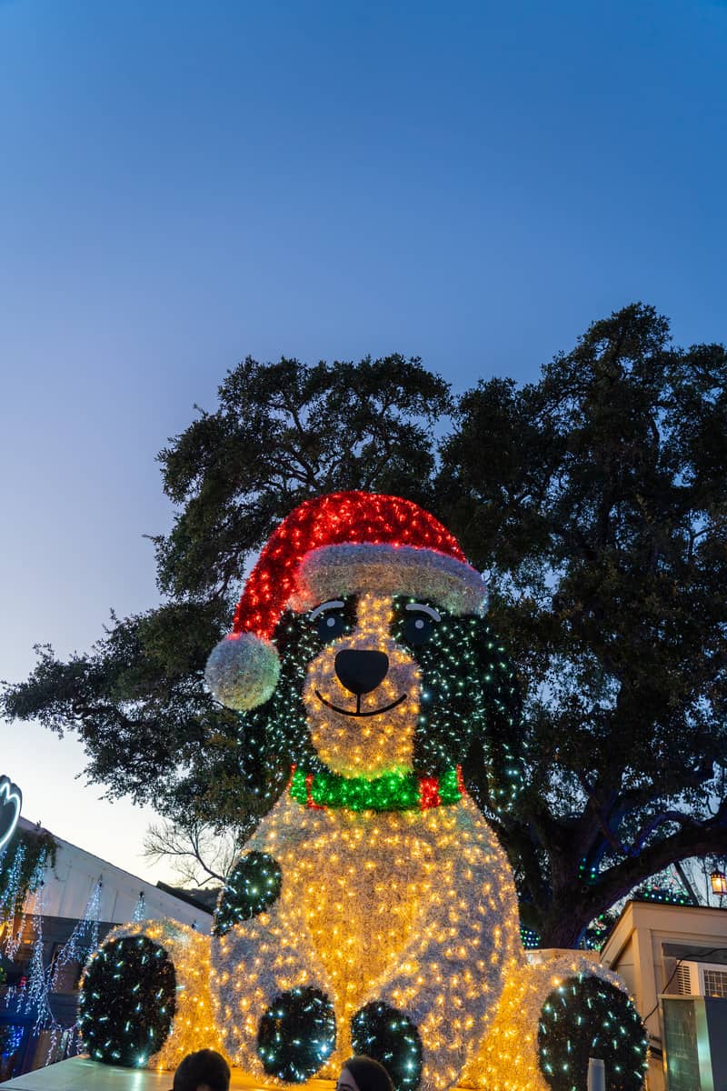 A festive dog statue wearing a Santa hat, brightly lit up and ready to spread holiday cheer.