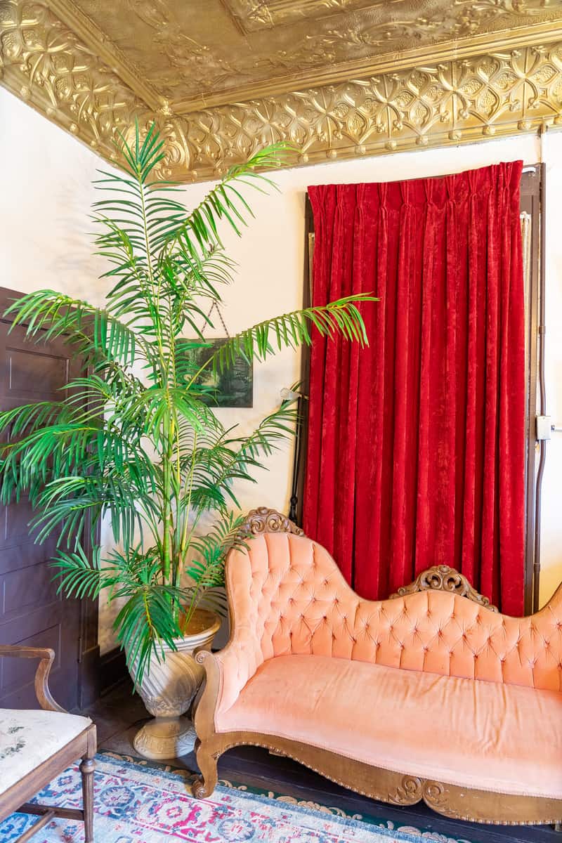 An antique, pink couch with a red curtain behind it and a potted tree next to it.