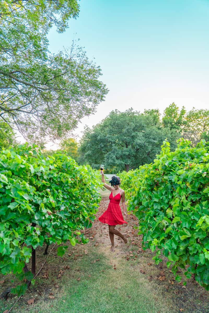 A woamn in red dress with wine glass in a vineyard
