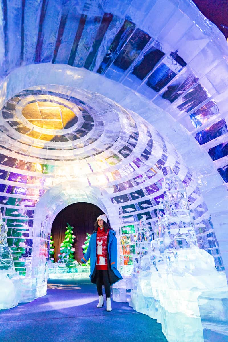 A woman on Winter clothes inside an igloo or an ice bar