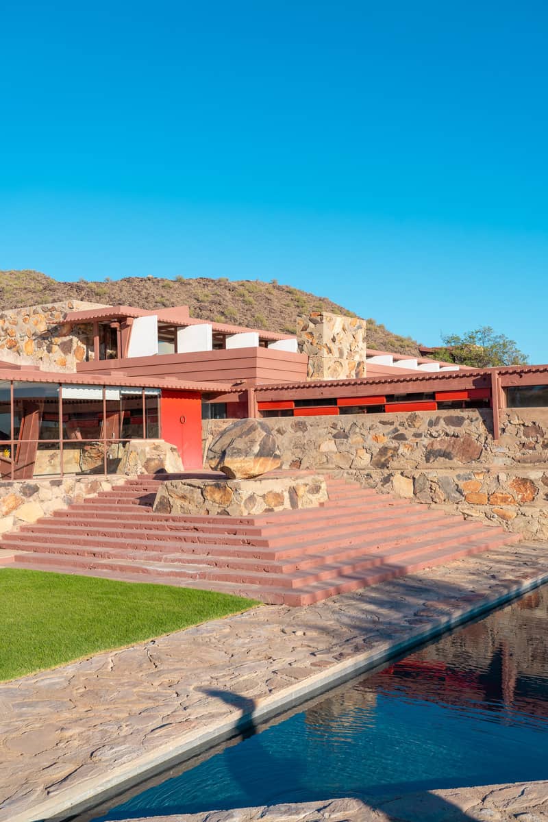 Exterior of Taliesin West, with mountains behind it