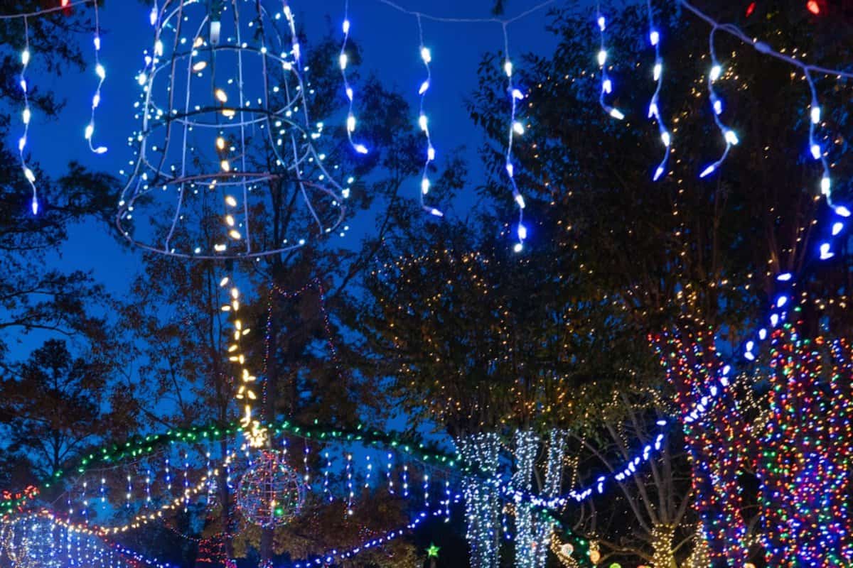 Outdoor scene with colorful Christmas lights