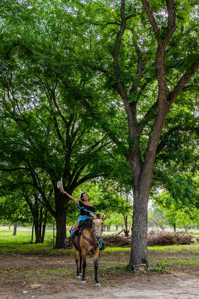A woman on a brown horse under a tree waving a cowboy hat 