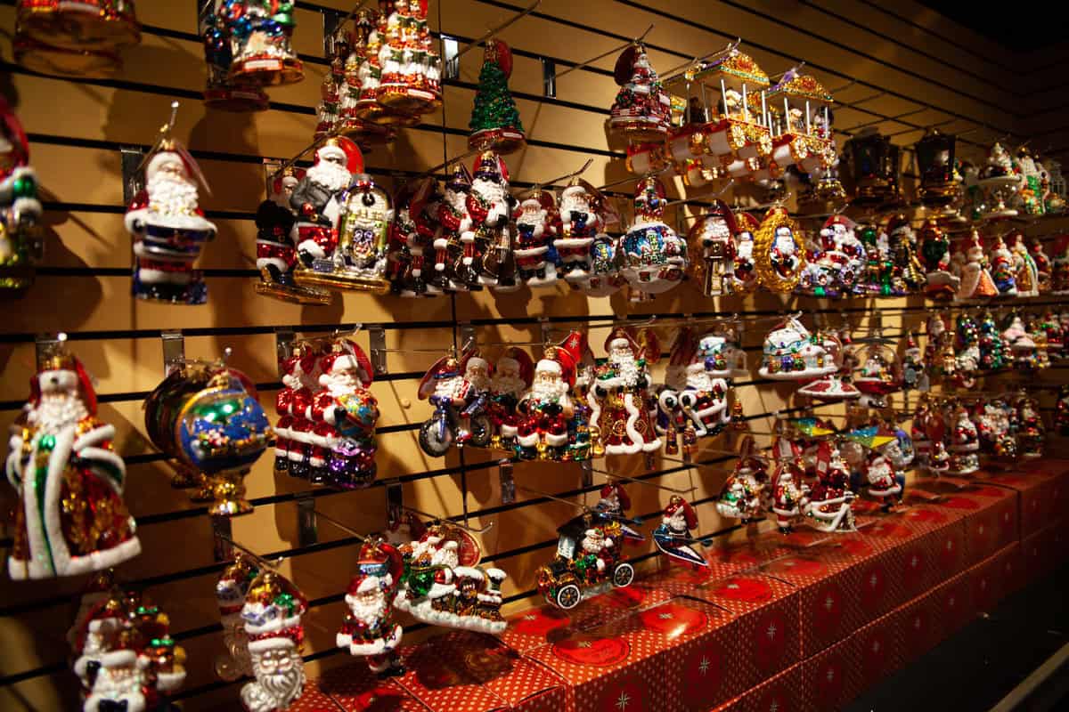 Wall display of various colorful Christmas ornaments