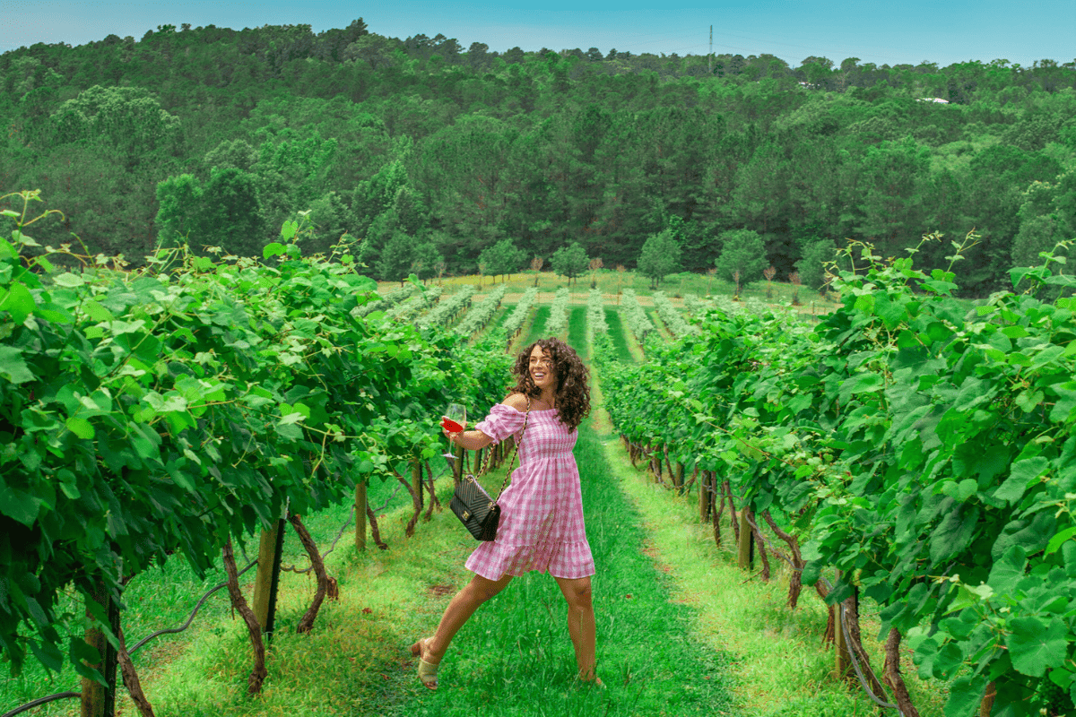 Lady in pink dress walking among grapevines.