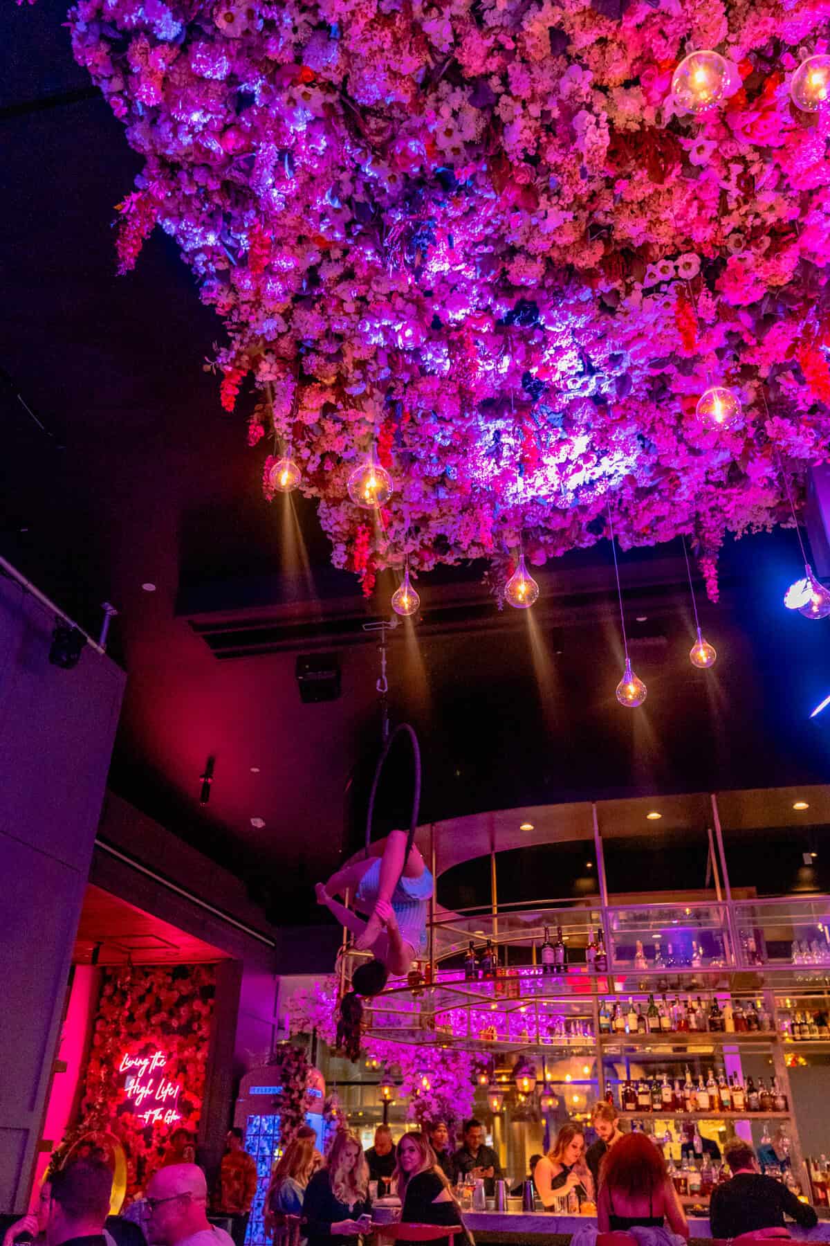A vibrant nightclub with a ceiling covered in pink and white flowers