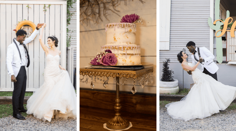Triptych of wedding day moments featuring a happy couple.