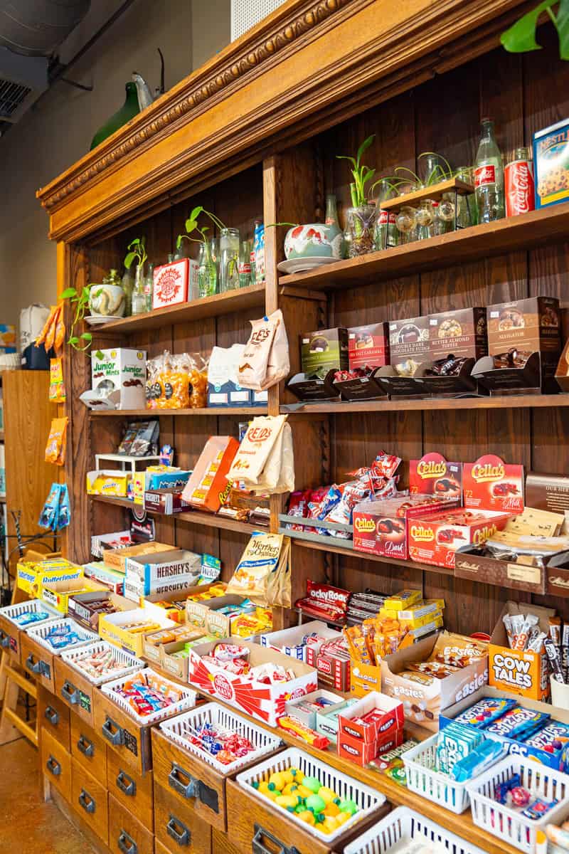 a shelf with various items on it