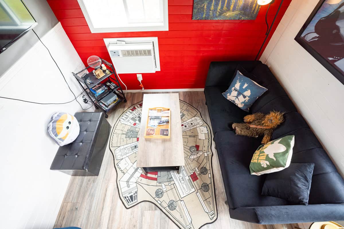 a living room with a couch and a coffee table