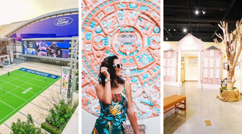 Triptych: Sports stadium exterior, woman, museum exhibition space.