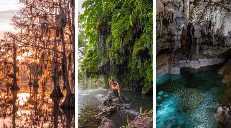 a collage of a woman posing on a rock in a pond